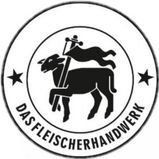 Schwarz-weißes Emblem: ein Lamm, das eine Fahne in einem Kreis mit dem Text