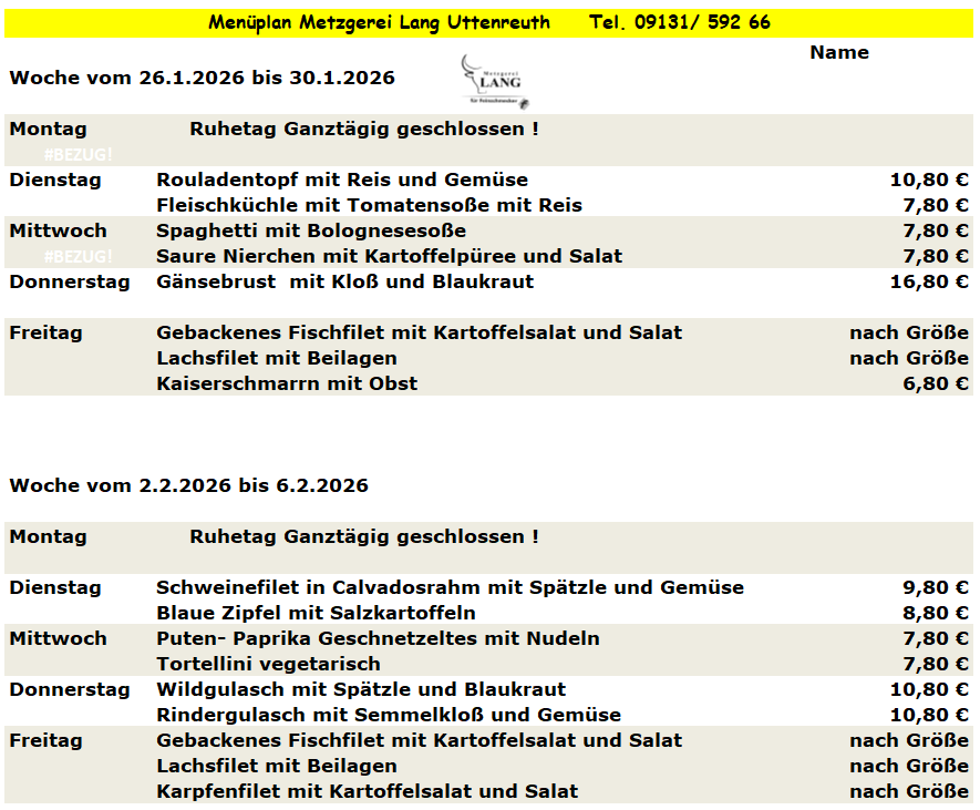 Weekly menu from Metzgerei Long Urteareth with dishes like Blue Zipfel, Linseneintopf, and Gyros.
