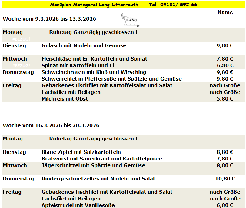 Weekly menu from Metzgerei Long Urteareth with dishes like Blue Zipfel, Linseneintopf, and Gyros.