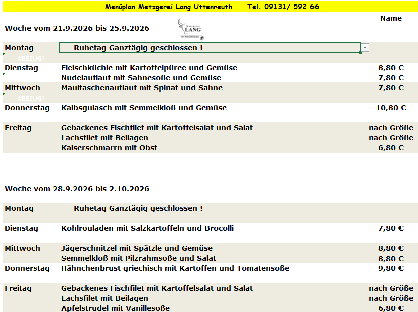 Weekly menu from Metzgerei Long Urteareth with dishes like Blue Zipfel, Linseneintopf, and Gyros.