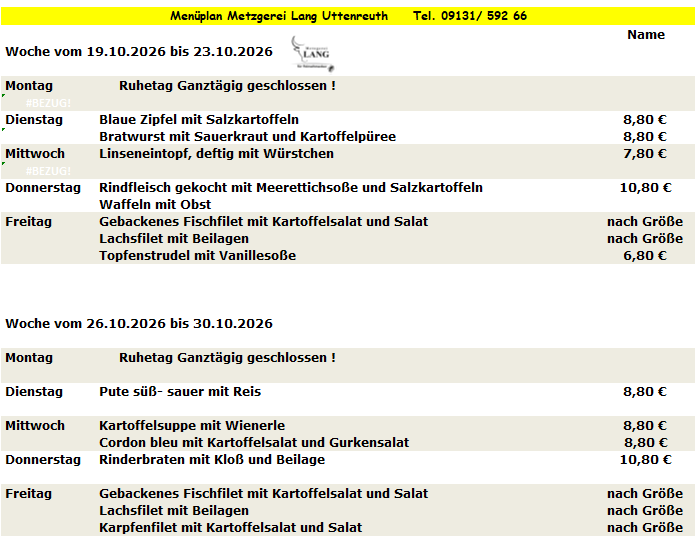 Weekly menu from Metzgerei Long Urteareth with dishes like Blue Zipfel, Linseneintopf, and Gyros.