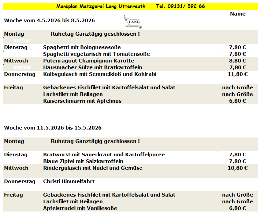Weekly menu from Metzgerei Long Urteareth with dishes like Blue Zipfel, Linseneintopf, and Gyros.
