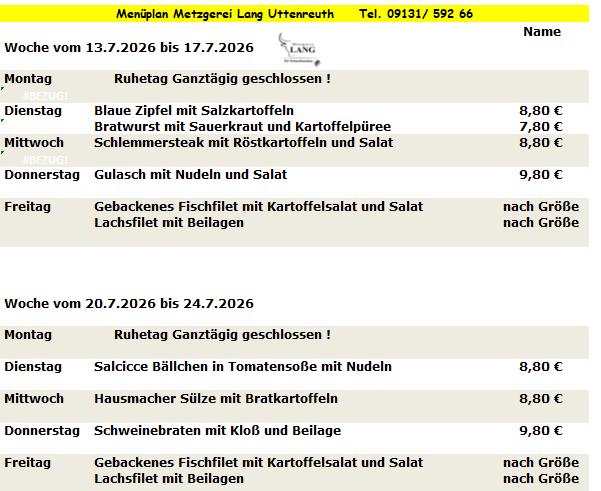 Weekly menu from Metzgerei Long Urteareth with dishes like Blue Zipfel, Linseneintopf, and Gyros.