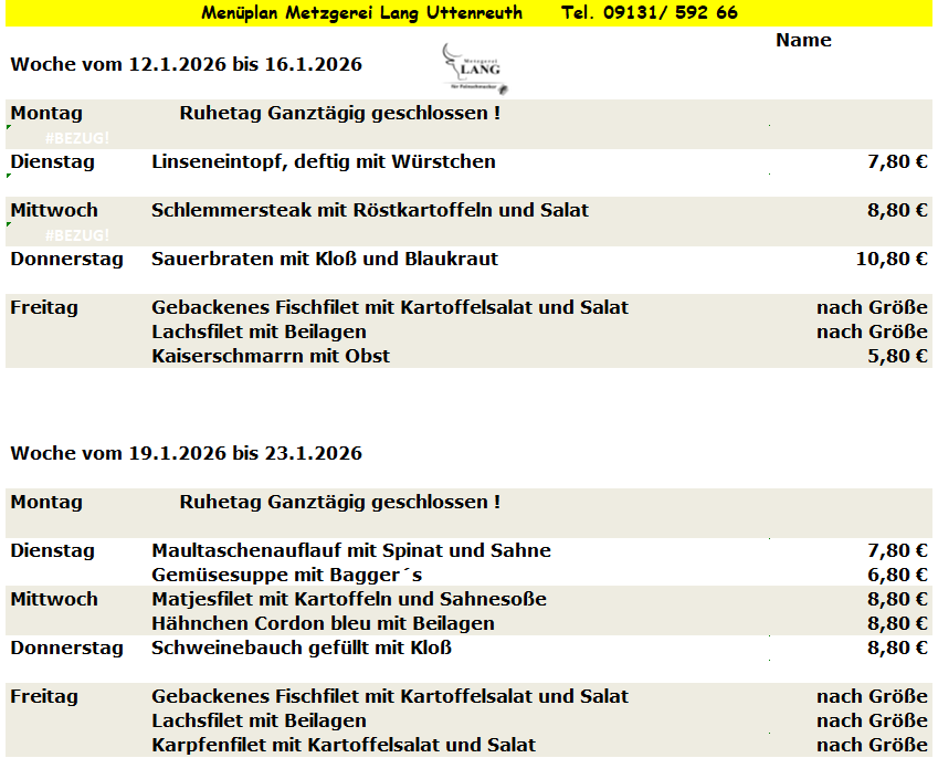Weekly menu from Metzgerei Long Urteareth with dishes like Blue Zipfel, Linseneintopf, and Gyros.