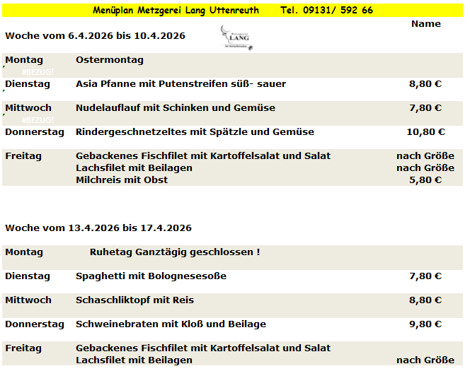 Weekly menu from Metzgerei Long Urteareth with dishes like Blue Zipfel, Linseneintopf, and Gyros.