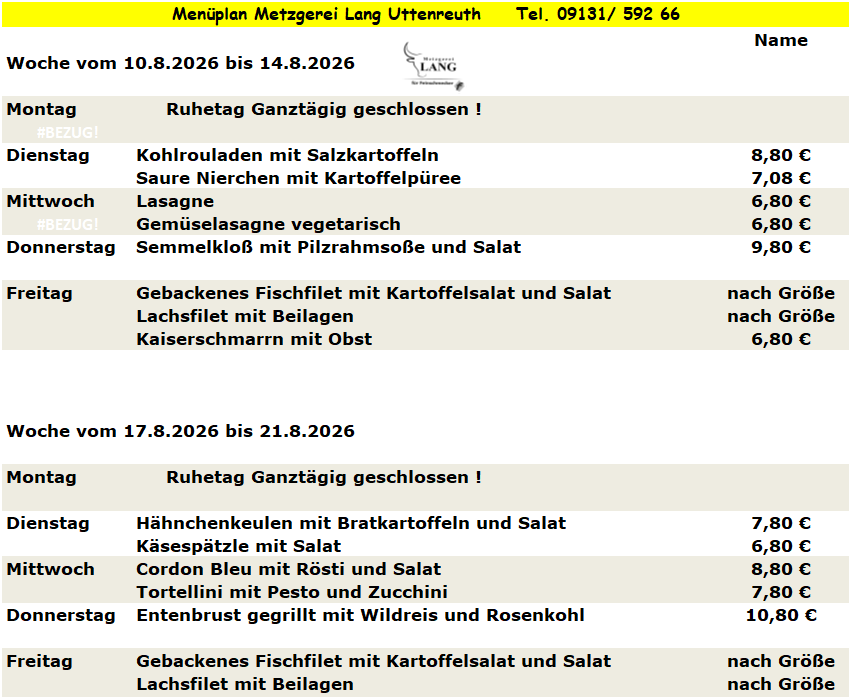 Weekly menu from Metzgerei Long Urteareth with dishes like Blue Zipfel, Linseneintopf, and Gyros.