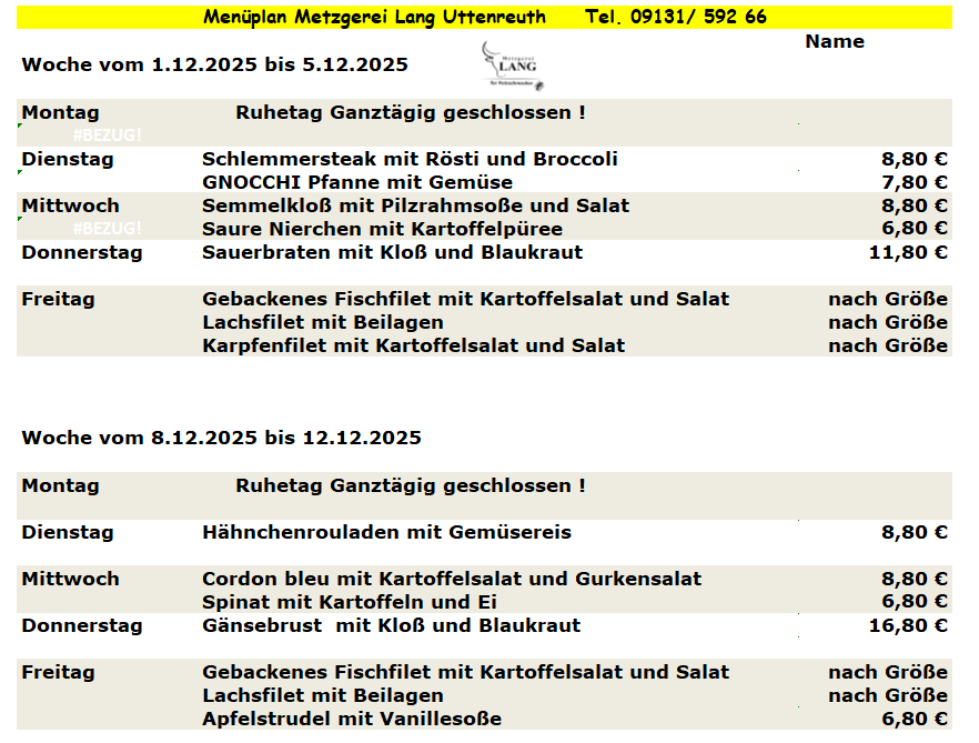 Weekly menu from Metzgerei Long Urteareth with dishes like Blue Zipfel, Linseneintopf, and Gyros.