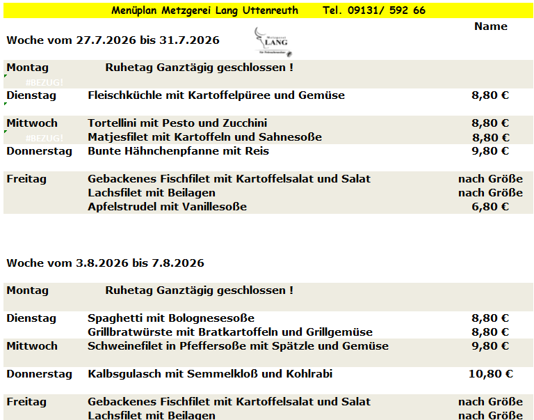 Weekly menu from Metzgerei Long Urteareth with dishes like Blue Zipfel, Linseneintopf, and Gyros.