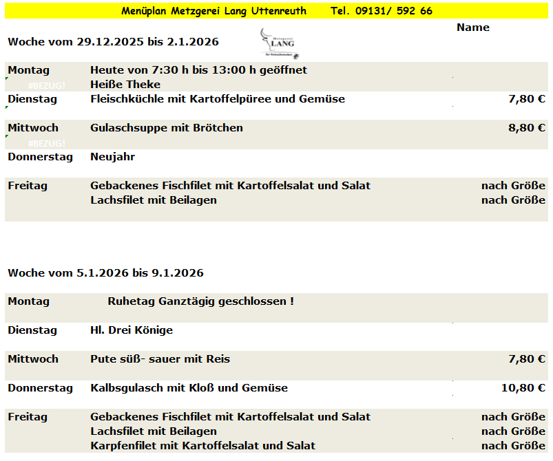 Weekly menu from Metzgerei Long Urteareth with dishes like Blue Zipfel, Linseneintopf, and Gyros.