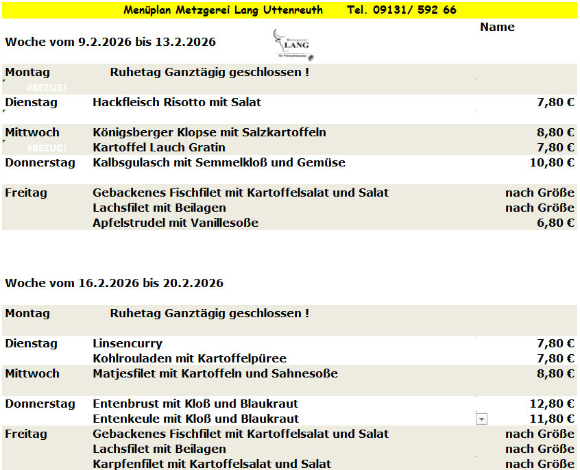 Weekly menu from Metzgerei Long Urteareth with dishes like Blue Zipfel, Linseneintopf, and Gyros.