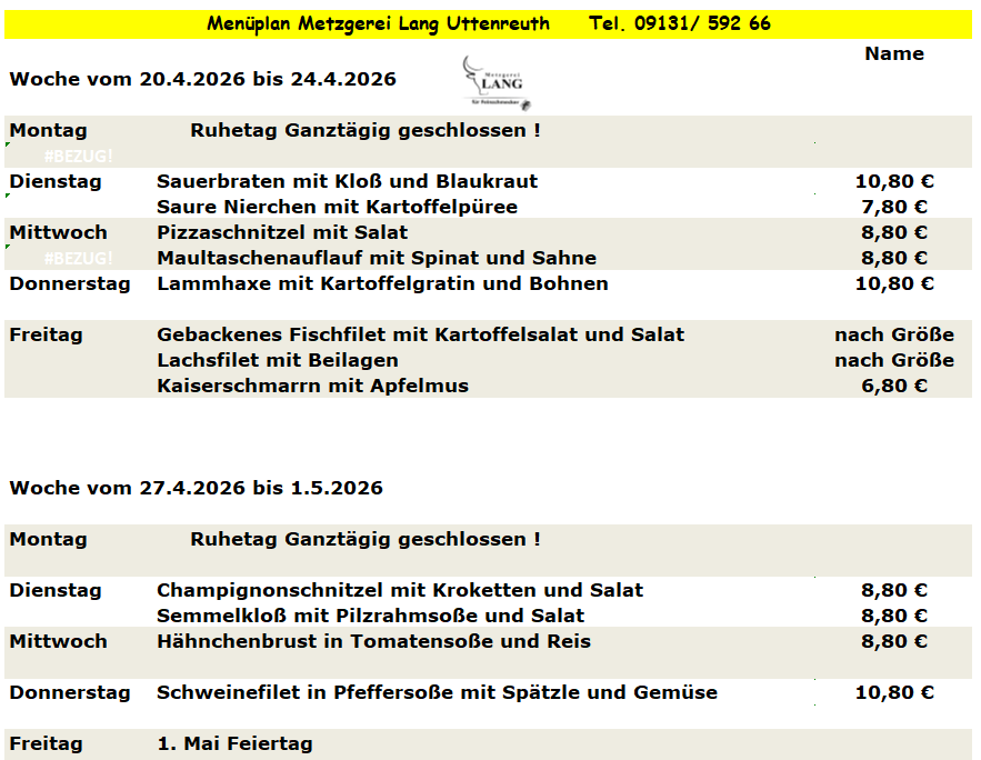 Weekly menu from Metzgerei Long Urteareth with dishes like Blue Zipfel, Linseneintopf, and Gyros.