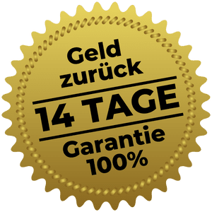 A gold sticker that says geld zurück 14 tage garantie 100 %