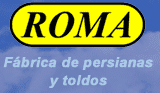 Logotipo ovalado amarillo “ROMA” sobre fondo azul con las palabras “Fábrica de persianas y toldos”