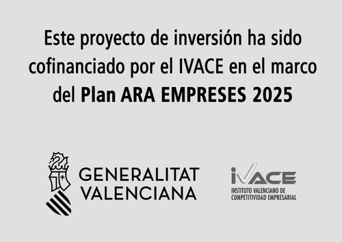 Texto que indica un proyecto de inversión cofinanciado por IVACE, logotipo de la Generalitat Valenciana y IVACE.