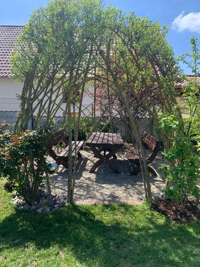 Ein hölzerner Picknicktisch unter einem Weidenbogen in einem Garten.