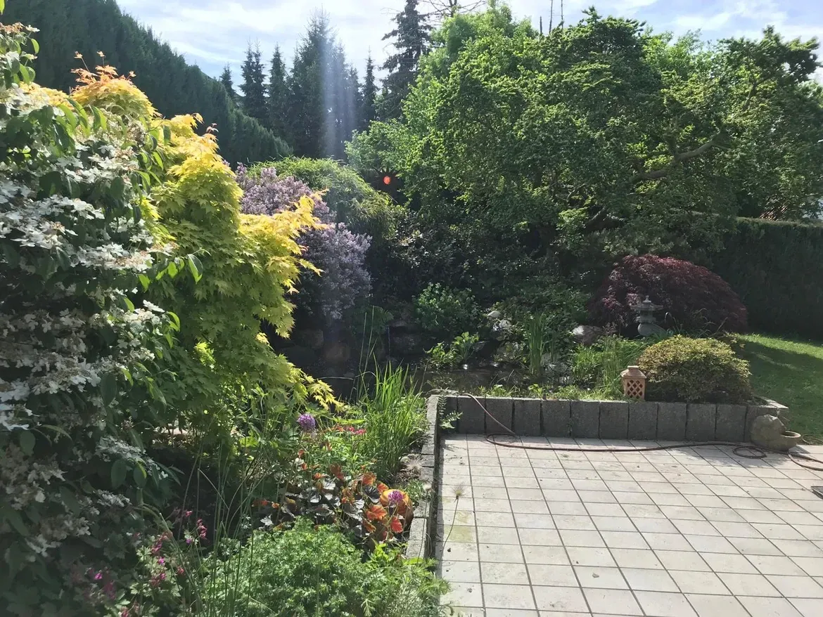 Eine Terrasse in einem Garten mit vielen Pflanzen und Bäumen