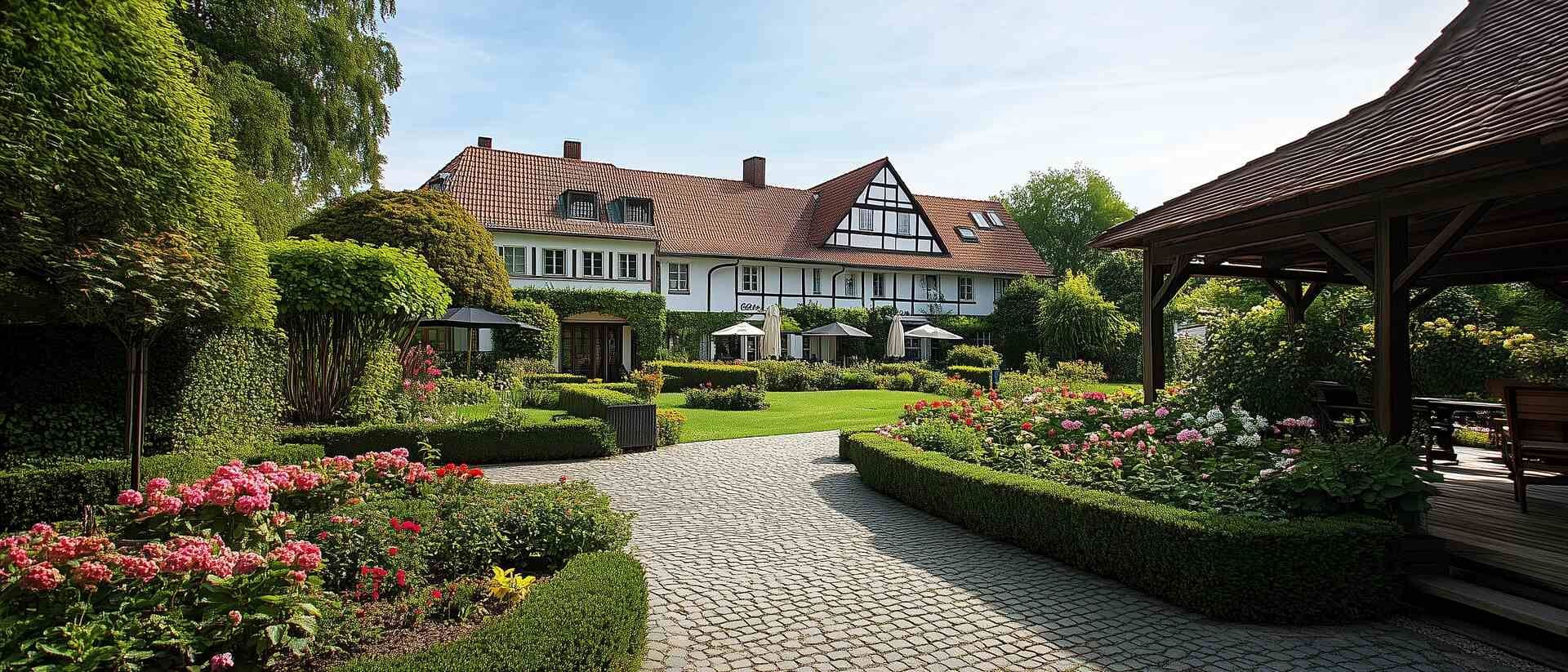 Ein großes Haus ist von einem üppigen grünen Garten umgeben