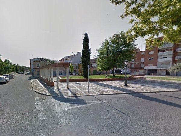 Una esquina con una parada de autobús, árboles y edificios. La luz del sol ilumina la escena.