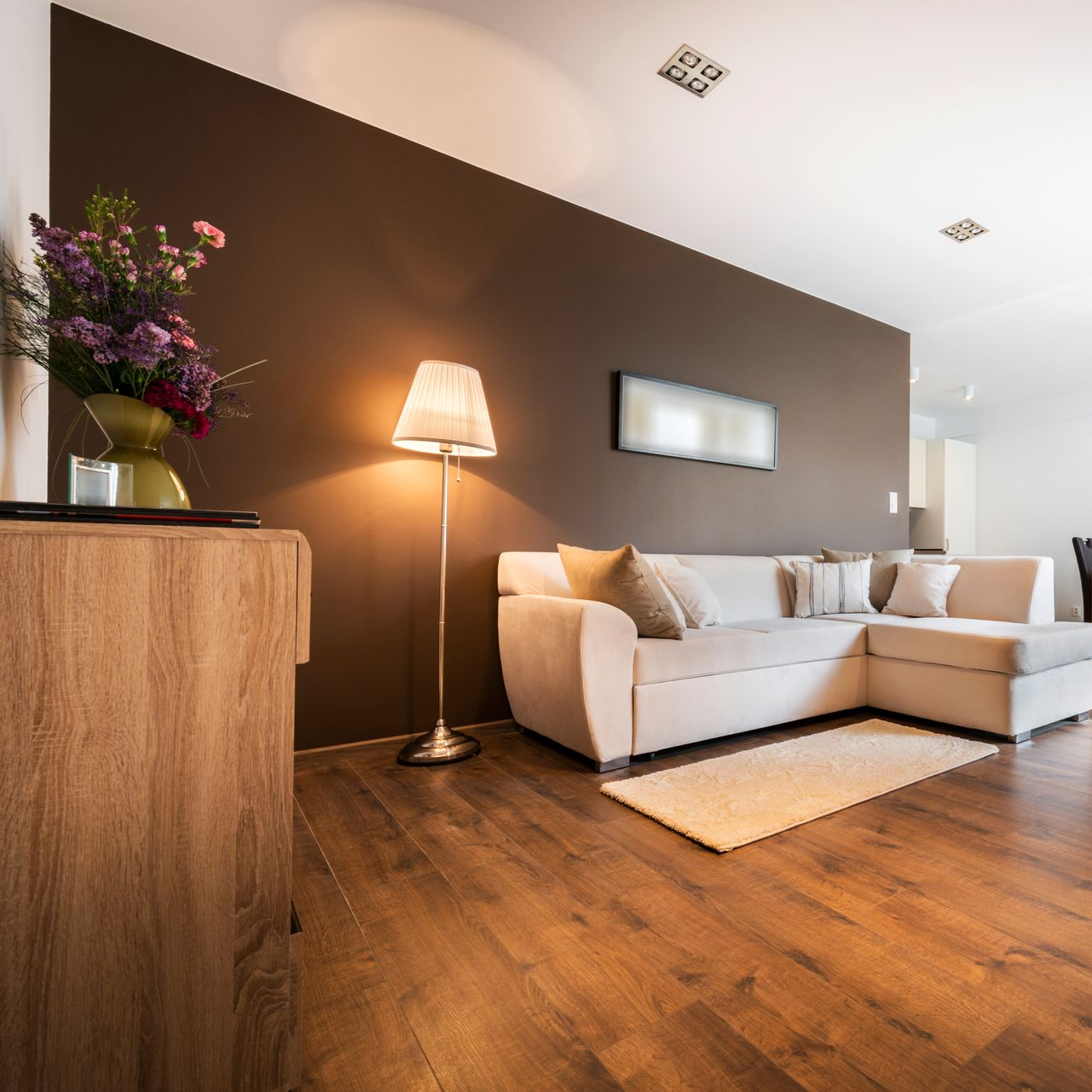 Salon avec un mur peint en marron