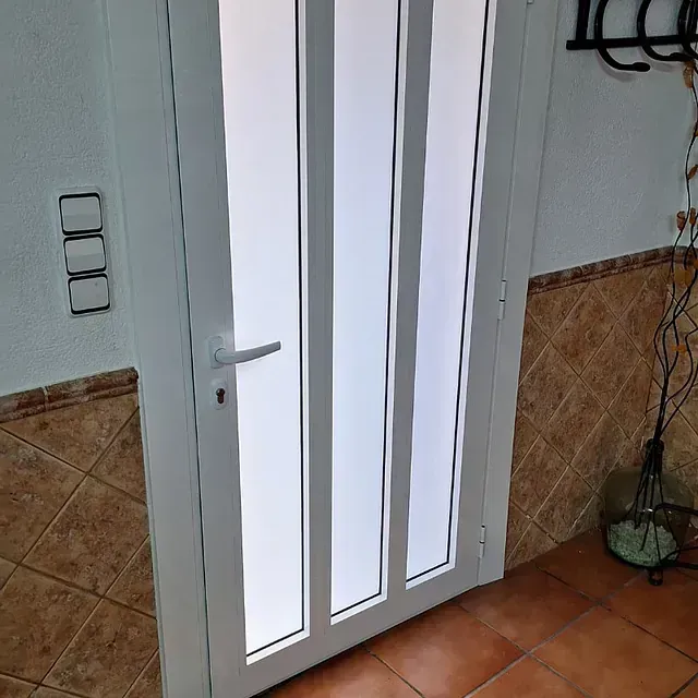 Puerta blanca con paneles de vidrio esmerilado en un pasillo con detalles de azulejos marrones. A la izquierda hay una placa de interruptor de luz.