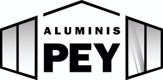 Logotipo para Aluminis Pey: texto negro sobre fondo blanco con un marco de ventana estilizado.
