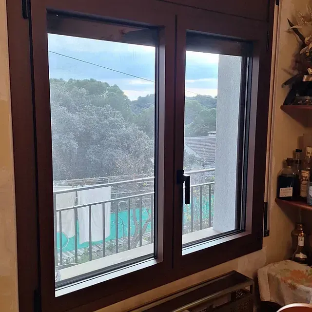 Ventana marrón de doble panel que da a un balcón con lavadero y vista a los árboles y al cielo.