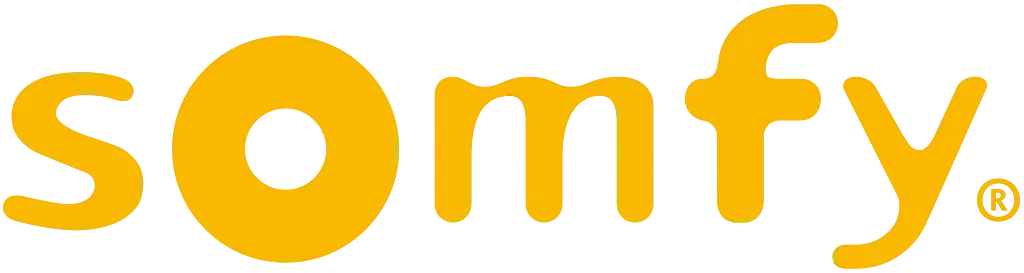 Logotipo de Somfy en amarillo, con el nombre de la marca y un símbolo de marca registrada.
