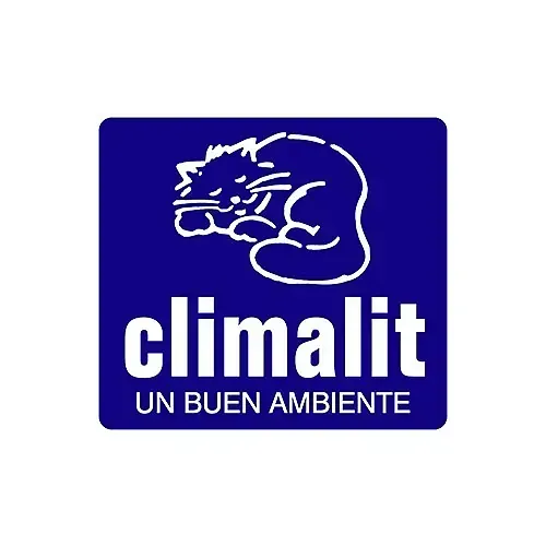 Logotipo de Climalit: un cuadrado azul con el contorno blanco de un gato y el nombre de la empresa en blanco debajo. 