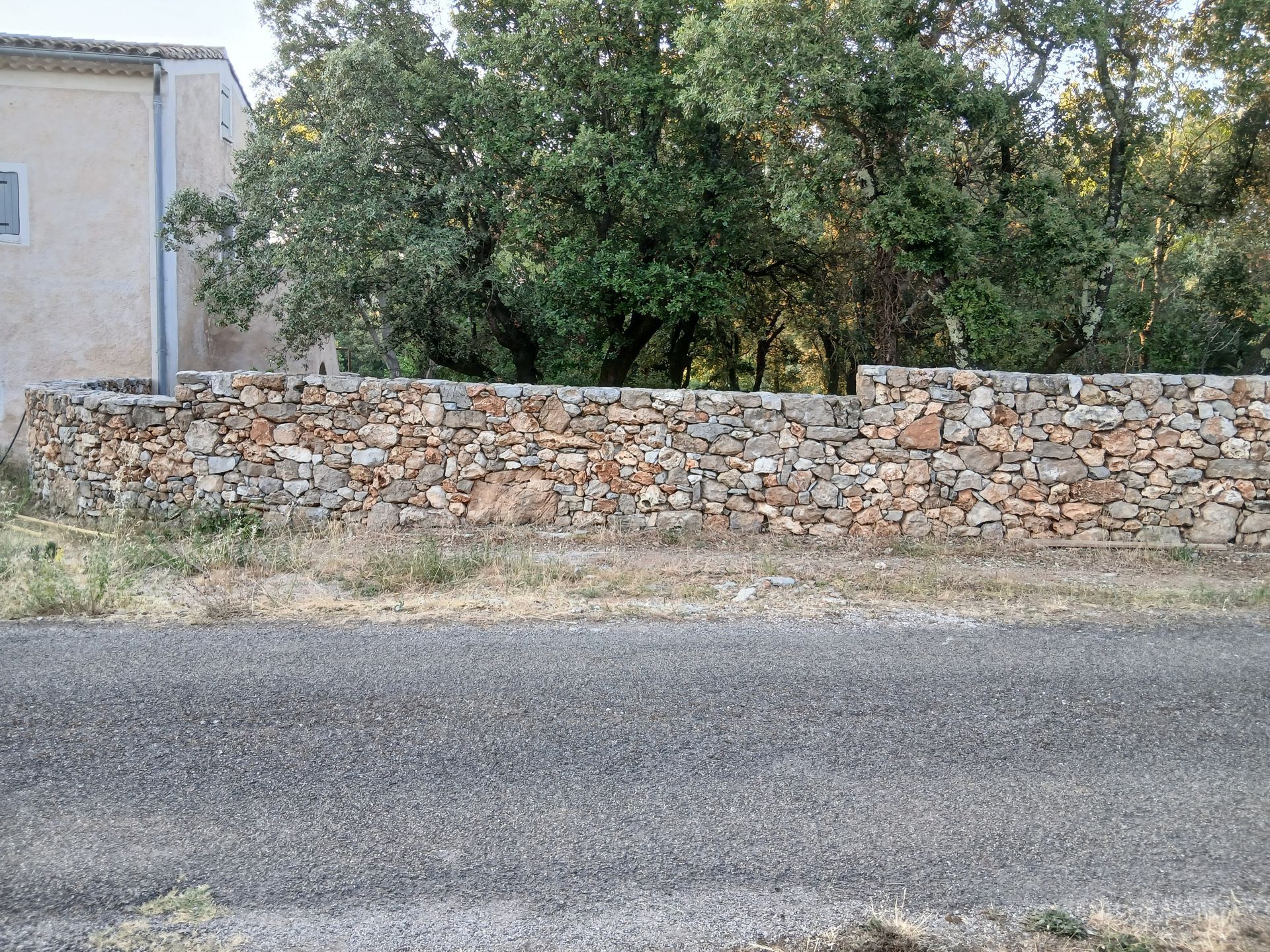 Des ouvriers coulent du béton sur des fondations renforcées d'armatures. On aperçoit des coffrages en bois, des arbres et le ciel bleu.
