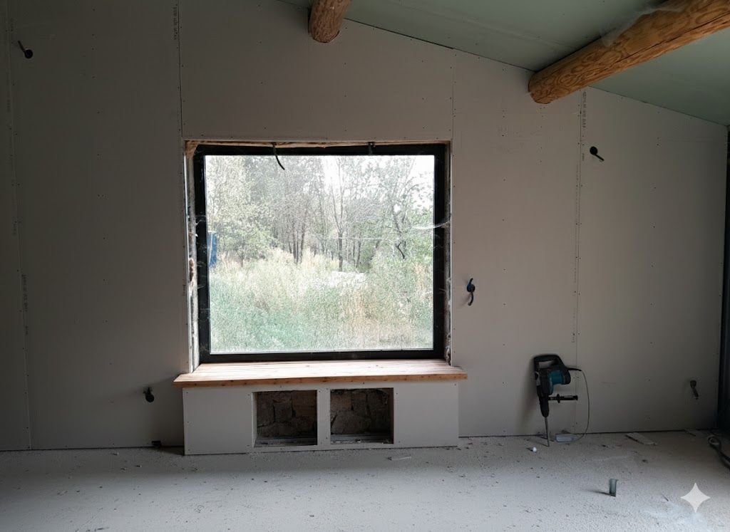 Intérieur d'une pièce en construction avec une grande fenêtre, des cloisons sèches et des poutres en bois.