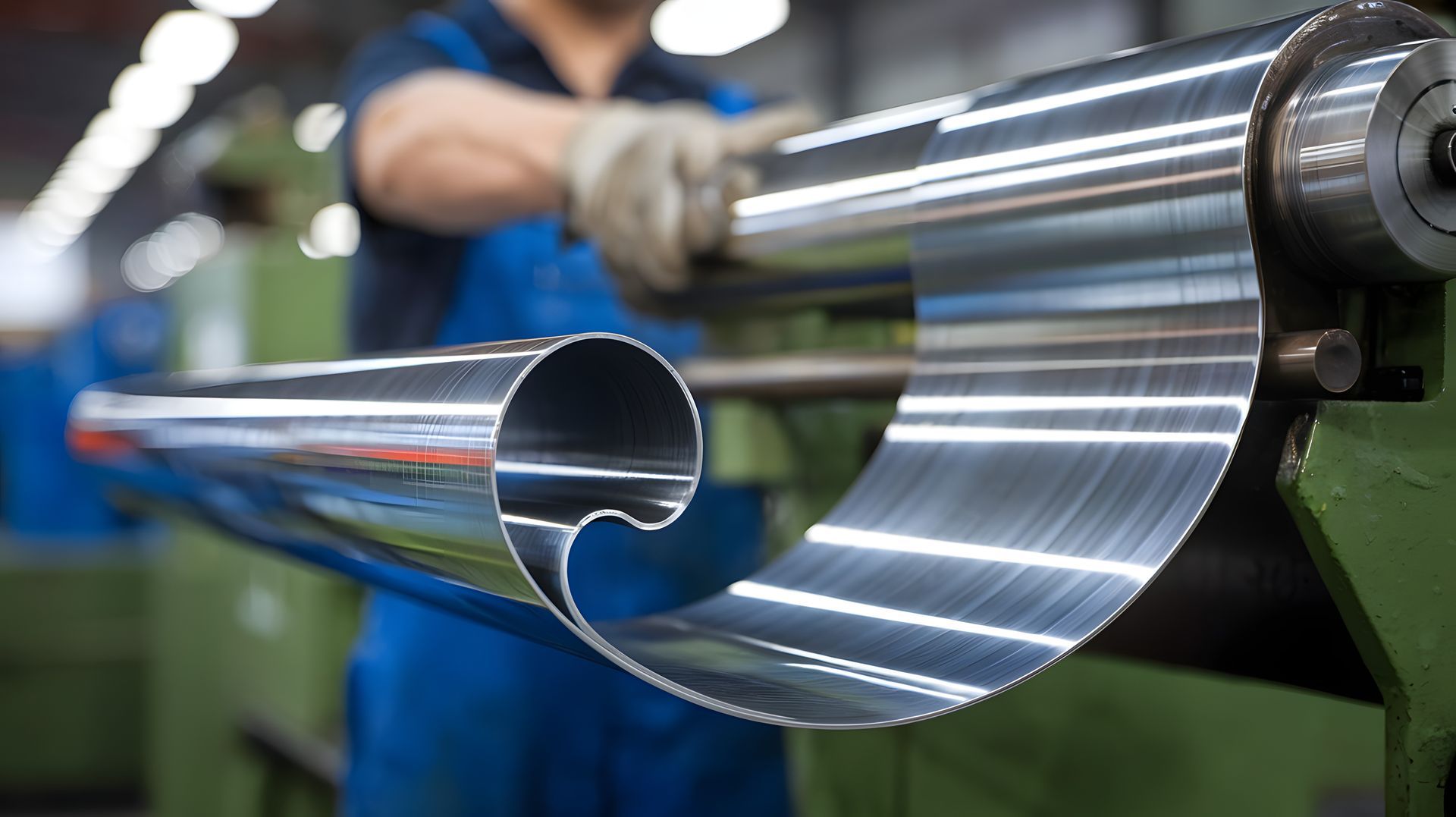 Un ouvrier roule une tôle en cylindre à l'aide d'une machine dans une usine.