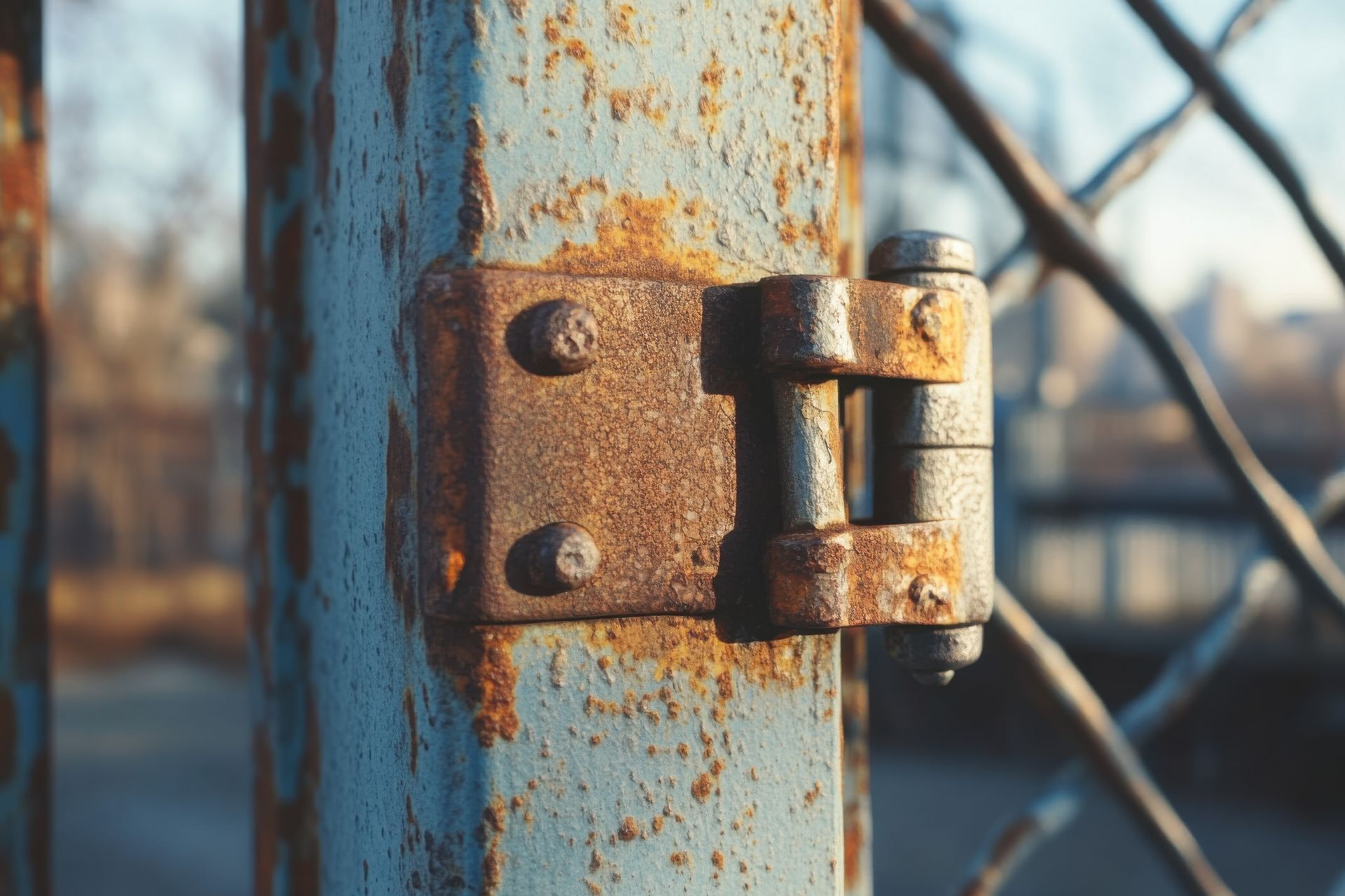 Charnière de portail rouillée sur poteau en métal bleu avec clôture à mailles losangées en arrière-plan.