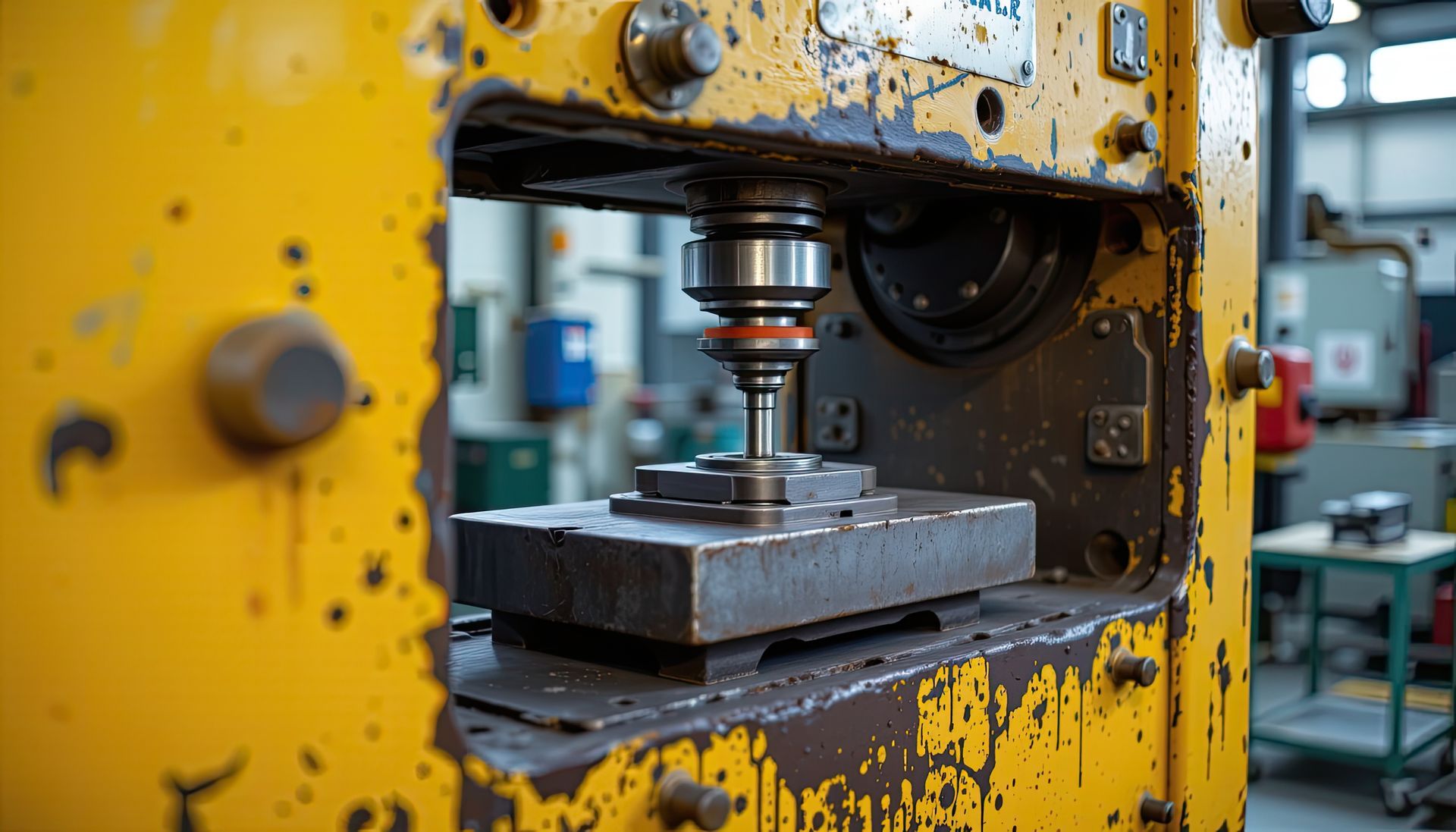 Presse industrielle jaune avec un bloc métallique et des pièces de machines à l'intérieur d'un atelier.