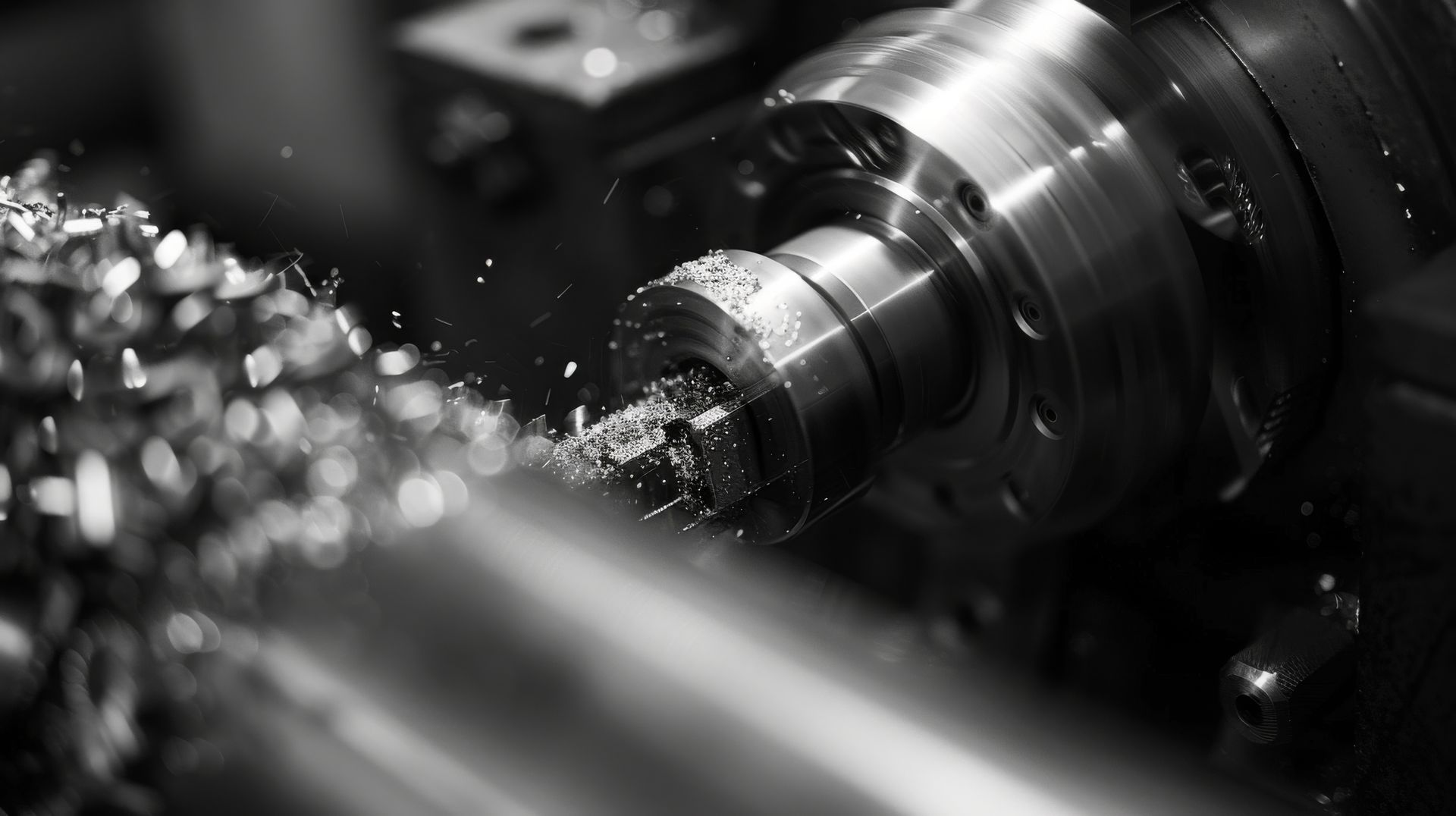 Machine CNC découpant du métal, produisant des copeaux couleur bronze. Gros plan dans un atelier.