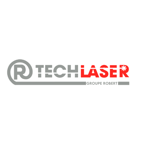 Logo de Tech Laser, Groupe Robert. Texte gris avec des touches de rouge et un symbole laser.