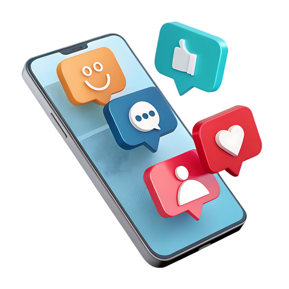 Smartphone avec des bulles de dialogue affichant des icônes de réseaux sociaux : j’aime, commenter, suivre et sourire.