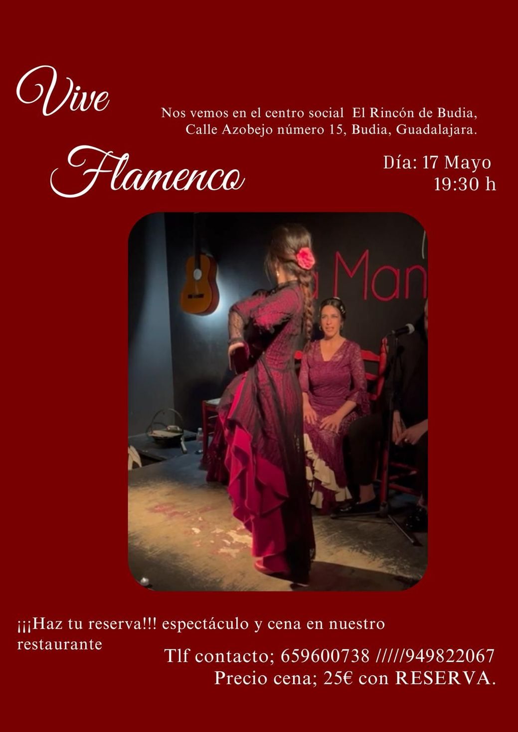 Cartel de espectáculo de flamenco con una bailarina con vestido rojo, guitarra y velas, detalles del evento en español.