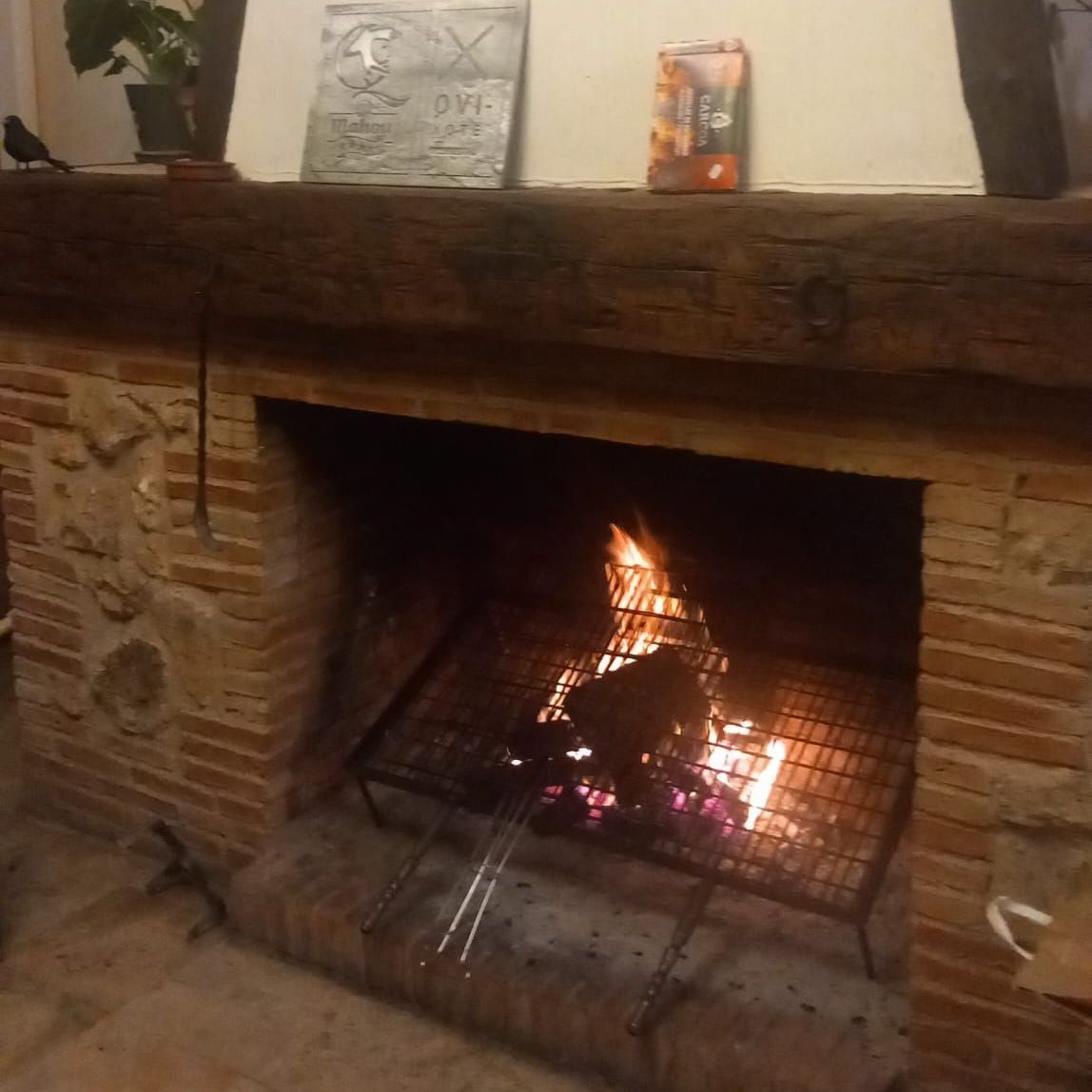 Chimenea encendida con una pequeña llama detrás de una rejilla metálica en un hogar de ladrillo.