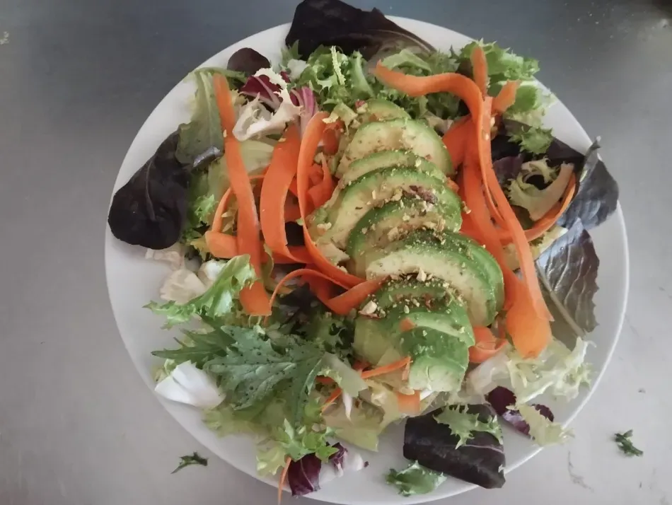 Ensalada con aguacate, tiras de zanahoria, hojas verdes y rábano en un plato blanco.