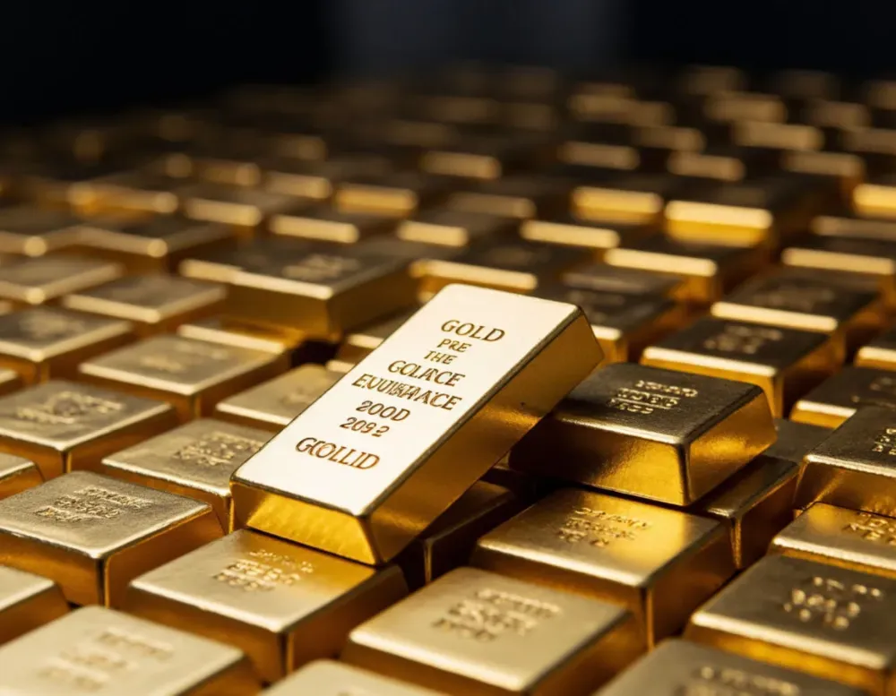 Vista de cerca de numerosas barras de oro pulidas y brillantes apiladas, con una barra colocada horizontalmente en la parte superior.