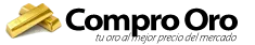 Logotipo de "Compro Oro" con dos barras de oro a la izquierda y el texto en espa&ntilde;ol "tu oro al mejor precio del mercado" debajo.