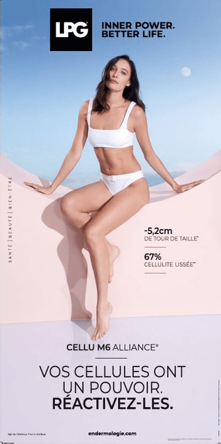 Affiche publicitaire LPG montrant une femme en sous-vêtements et le slogan de la marque