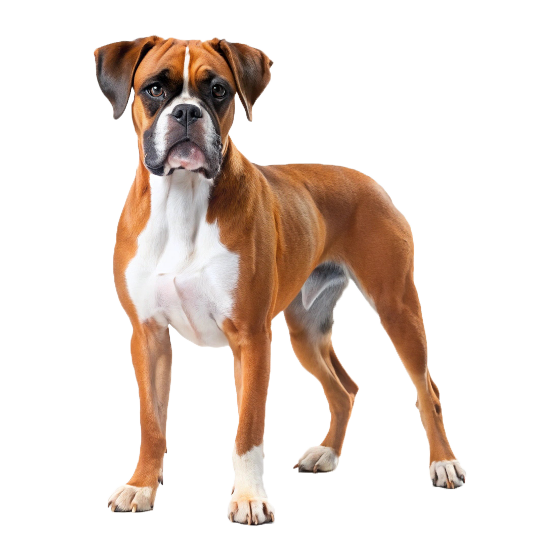 Boxer debout sur fond blanc, brun et blanc avec un museau noir