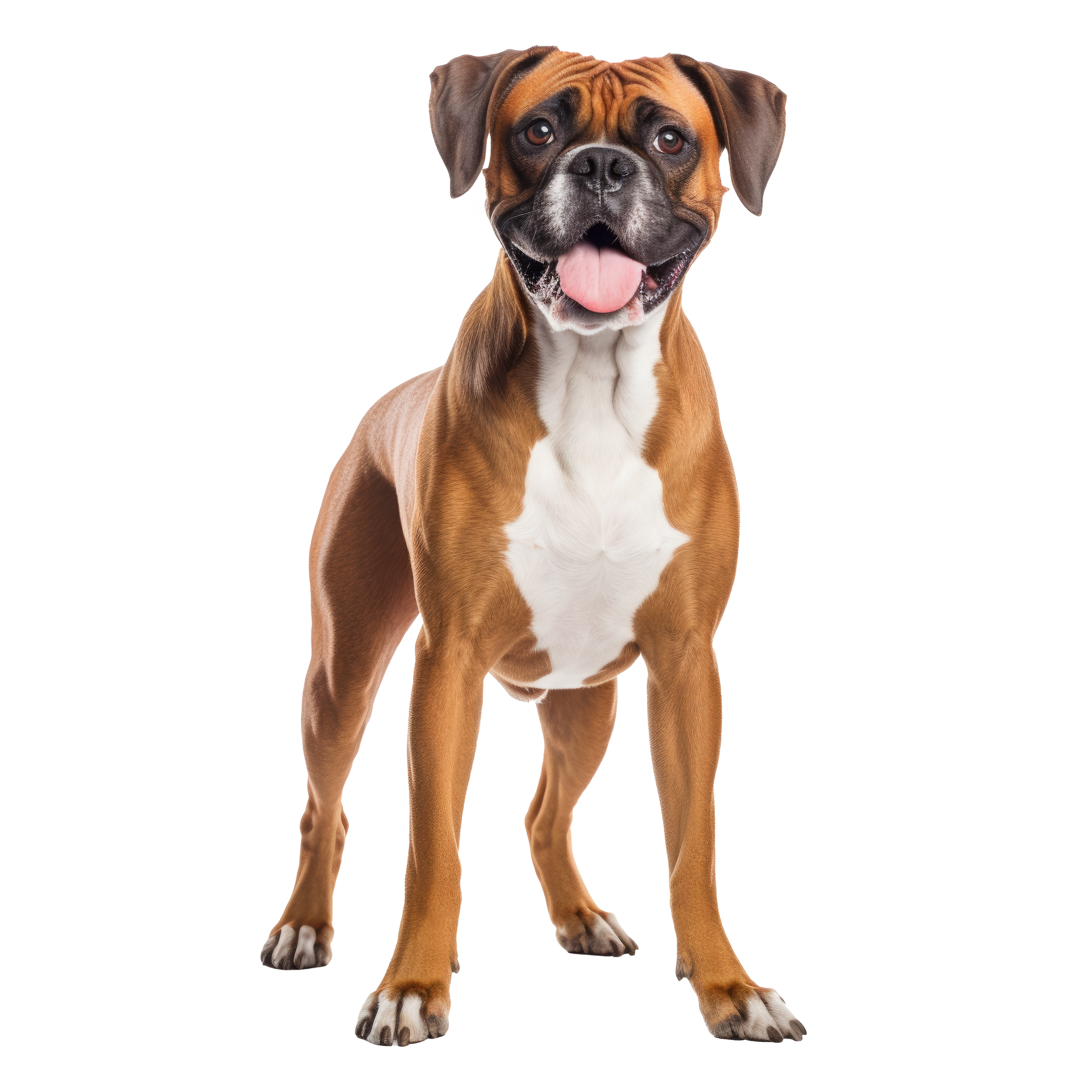 Boxer brun debout et haletant sur fond blanc