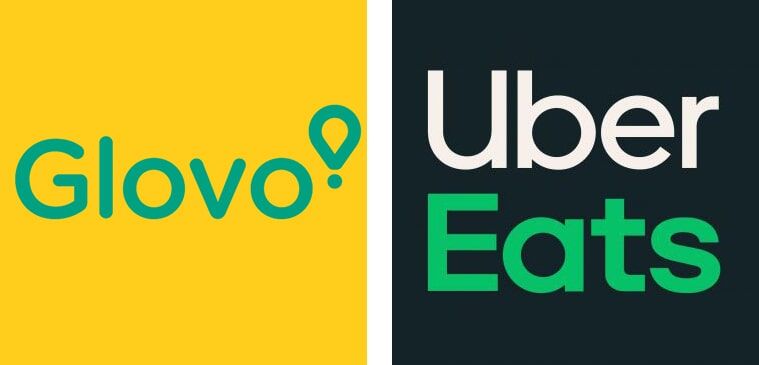 Um logotipo amarelo e verde para a glovo e a uber eats.