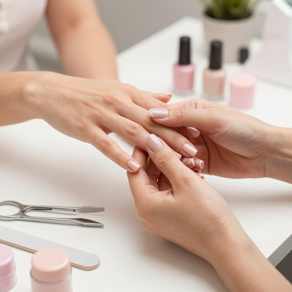 Manos bien cuidadas recibiendo un tratamiento de uñas en un salón con frascos de esmalte rosa y herramientas para uñas cerca.