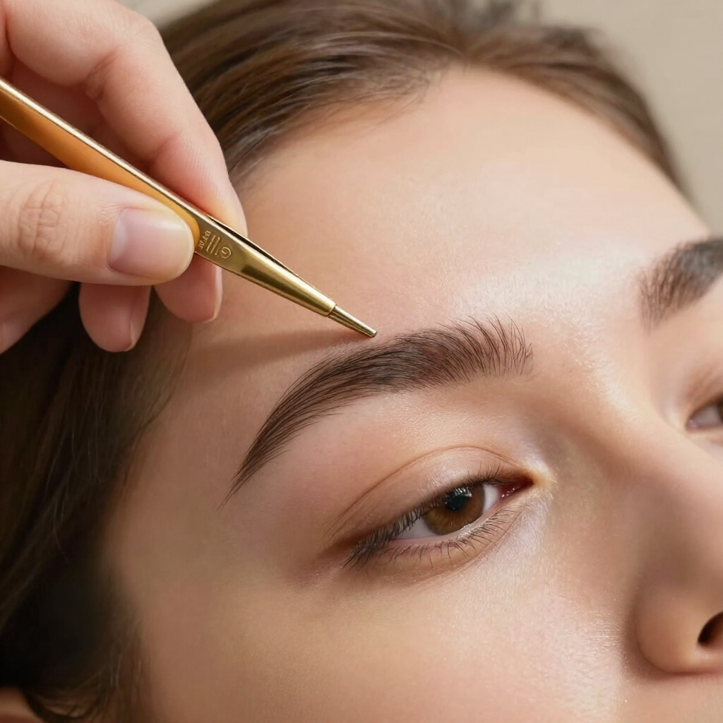 Depilación de las cejas con pinzas doradas durante el arreglo de las cejas.