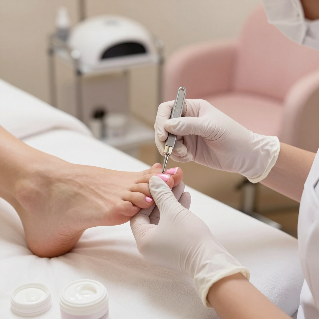 Manos enguantadas realizando una pedicura, cortando las uñas de los pies en una silla de spa.