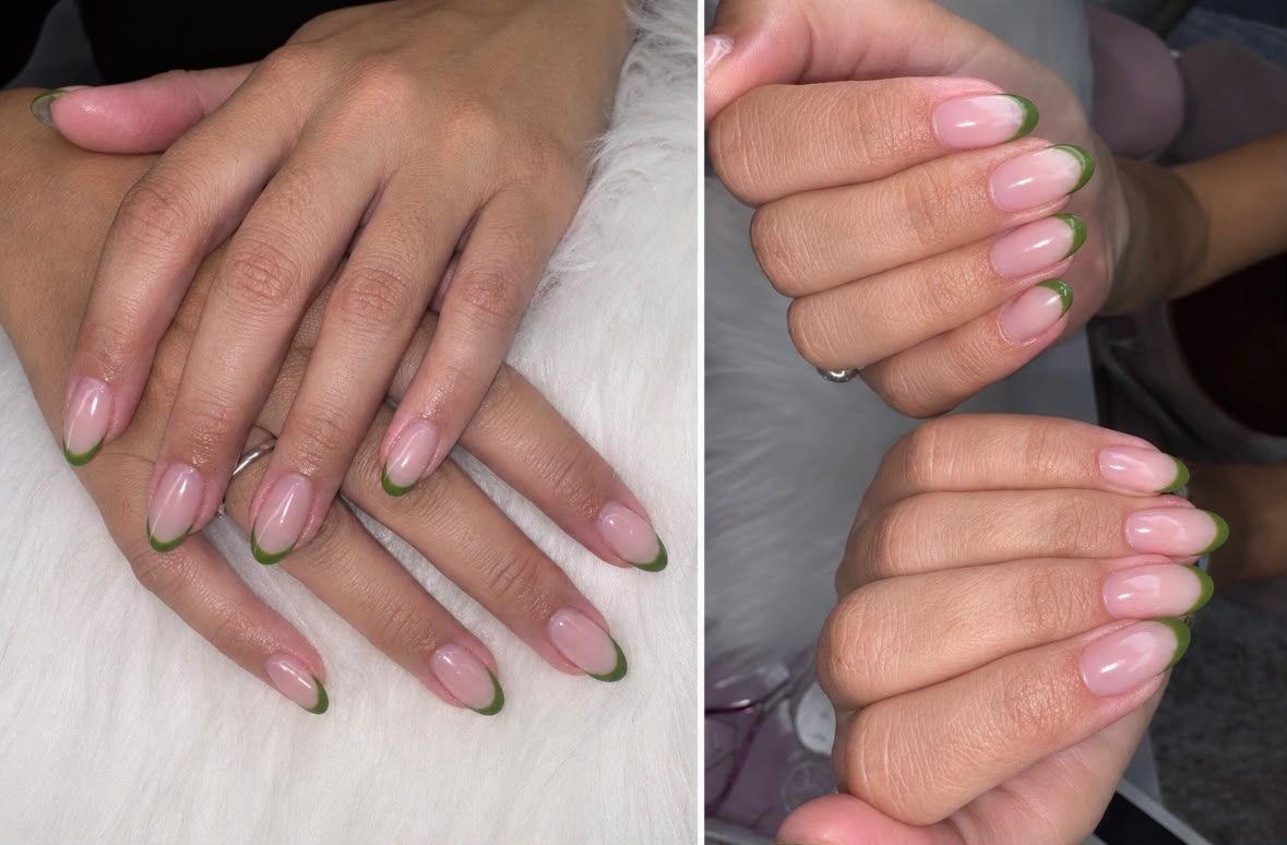 Manos con uñas largas de color rosa brillante, mostradas en primer plano desde dos ángulos.