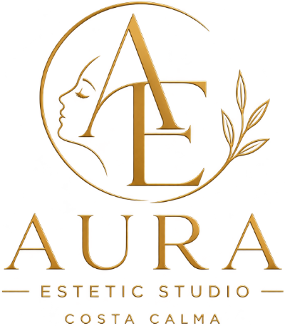 Logotipo de Gold Aura Estétic Studio con un rostro estilizado, “AE”, una rama de olivo y el texto “Costa Blanca”.